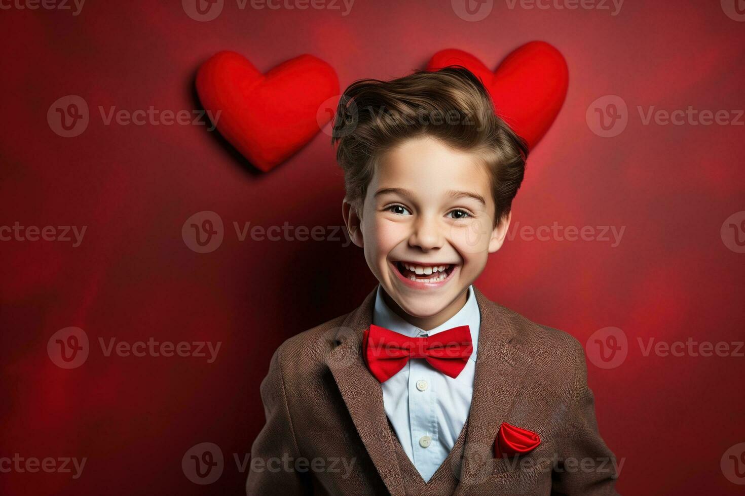 AI generated Happy little boy with red hearts on Valentine's Day. photo