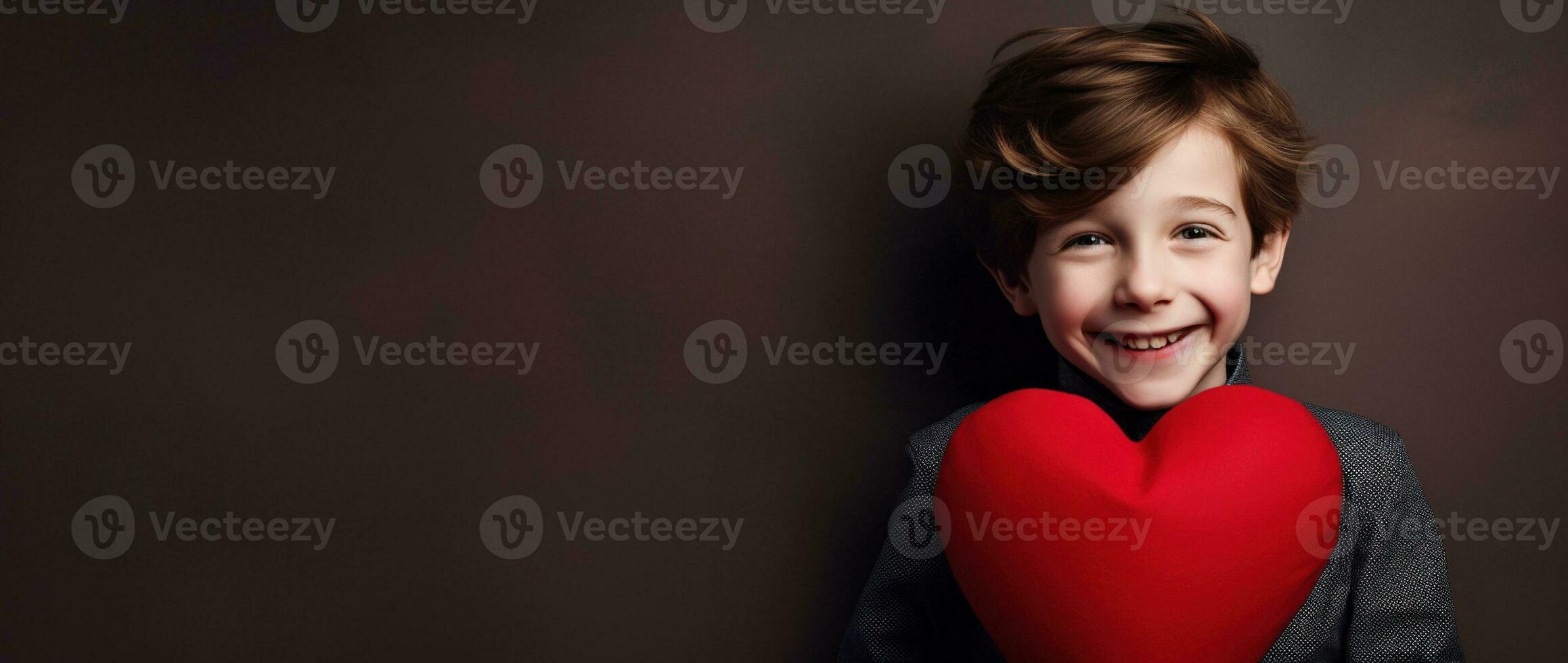 AI generated Happy little boy with red hearts on Valentine's Day. photo