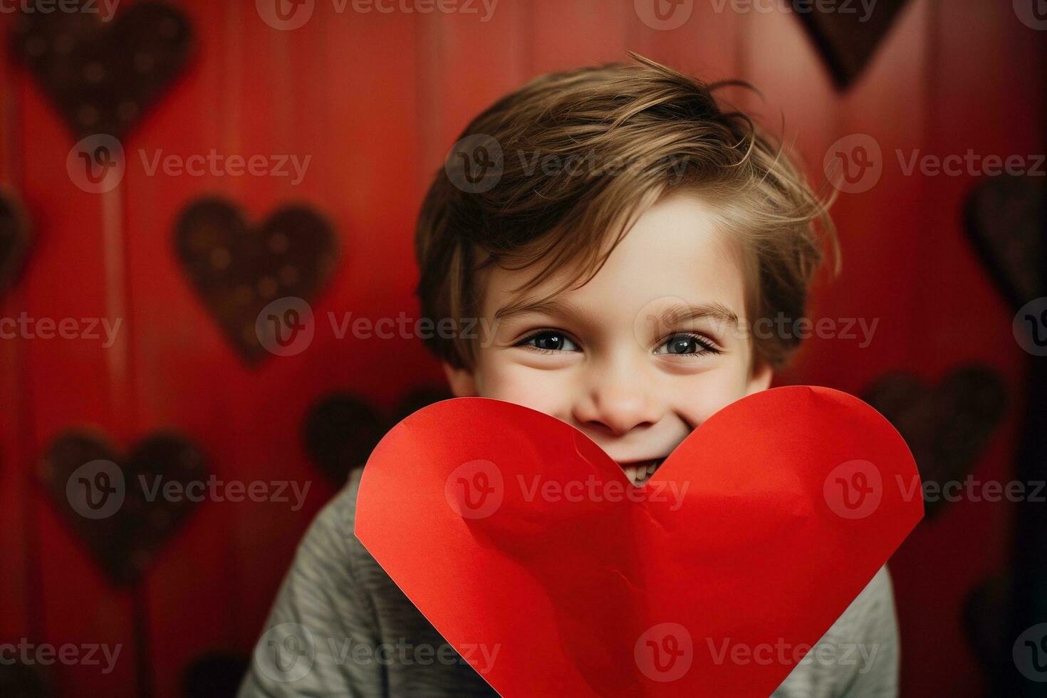AI generated Happy little boy with red hearts on Valentine's Day. photo