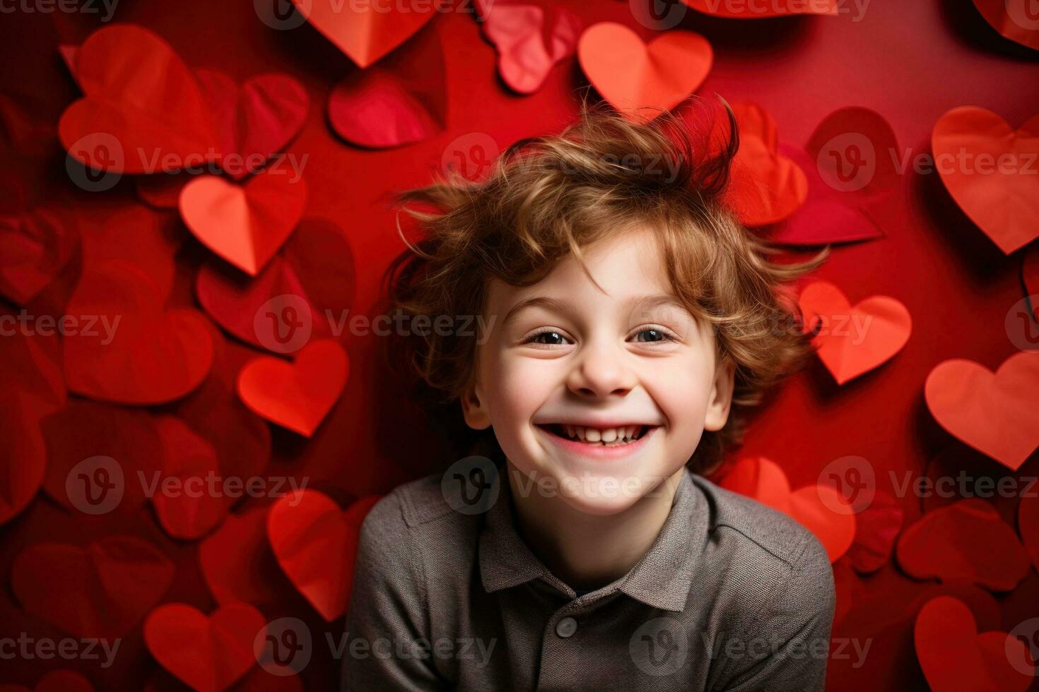 AI generated Happy little boy with red hearts on Valentine's Day. photo