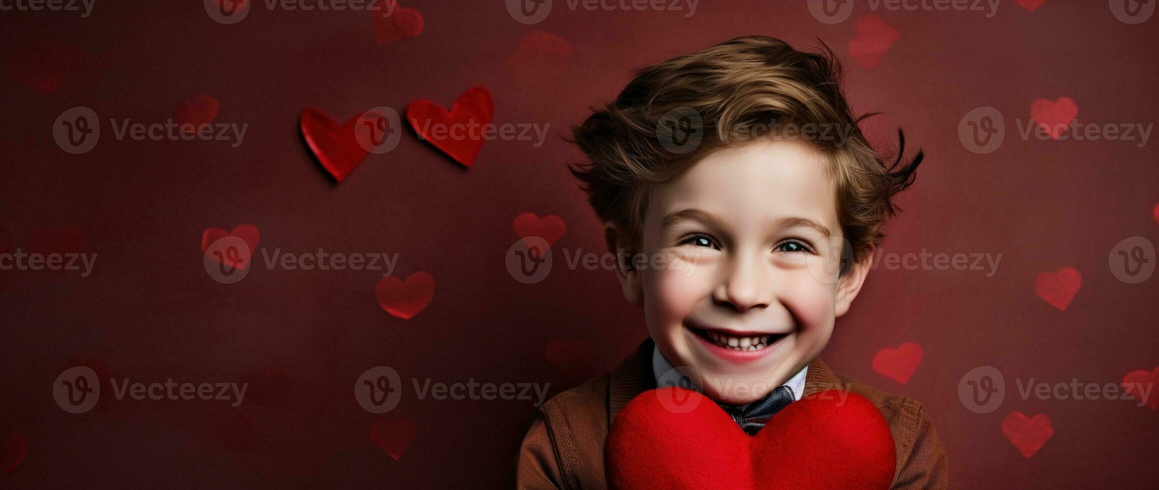 AI generated Happy little boy with red hearts on Valentine's Day. photo