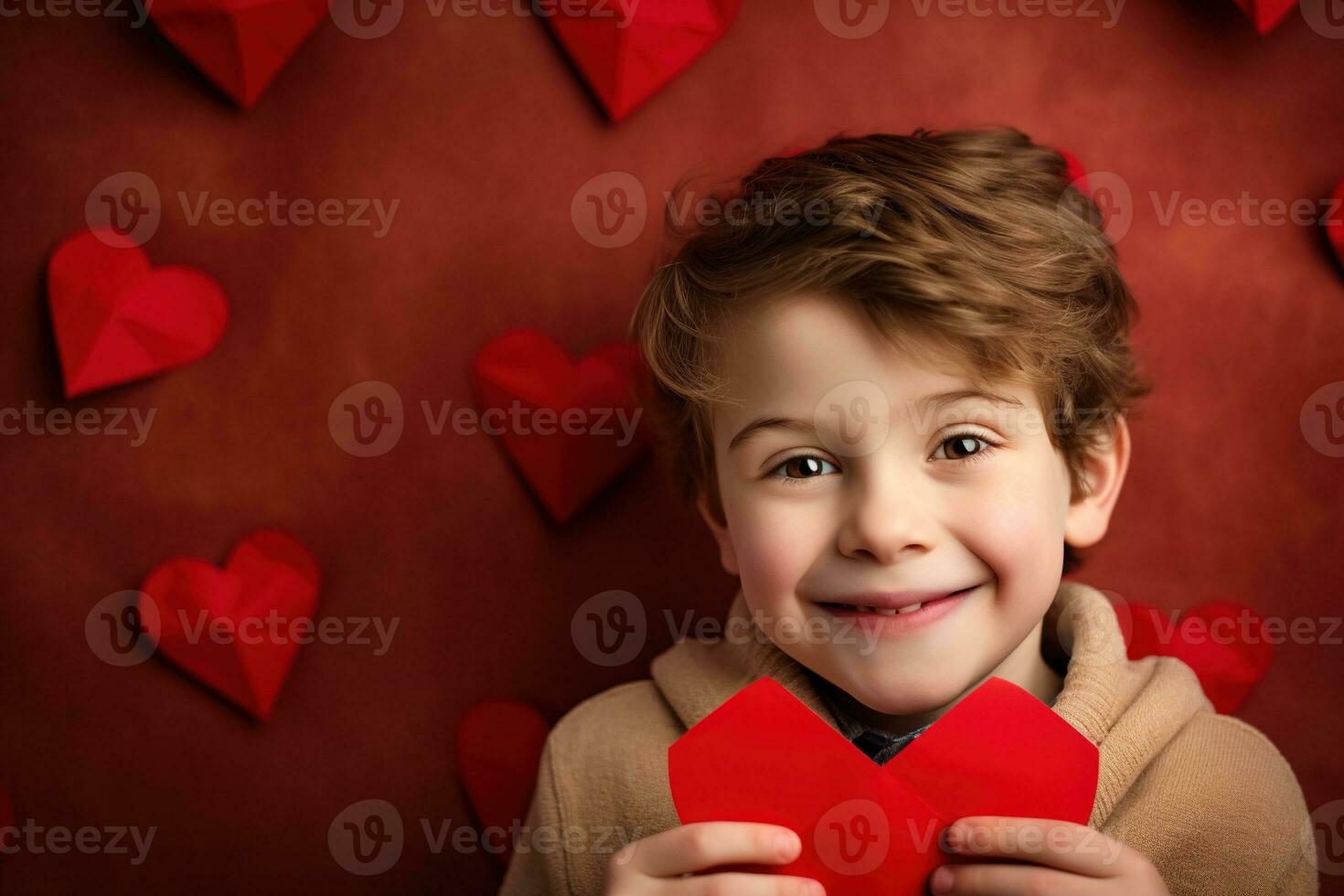 AI generated Happy little boy with red hearts on Valentine's Day. photo