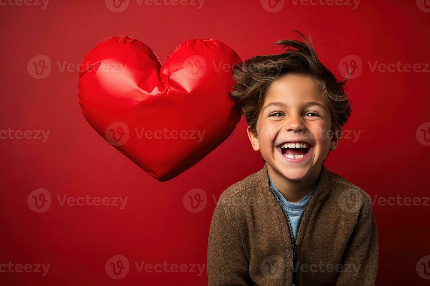 AI generated Happy little boy with red hearts on Valentine's Day. photo