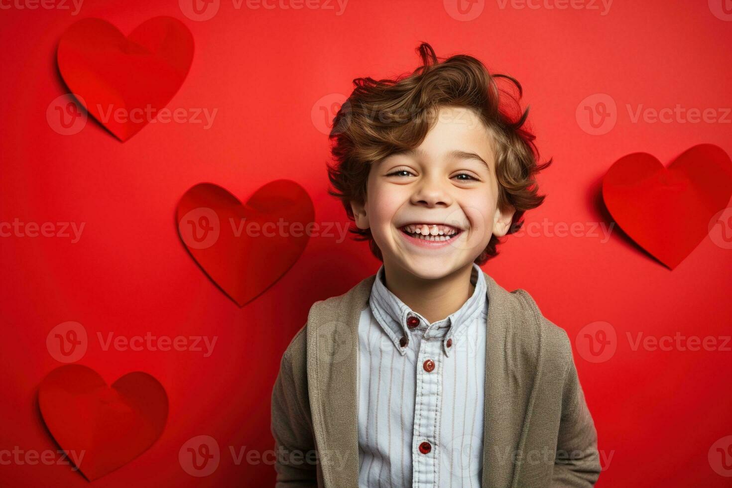 AI generated Happy little boy with red hearts on Valentine's Day. photo