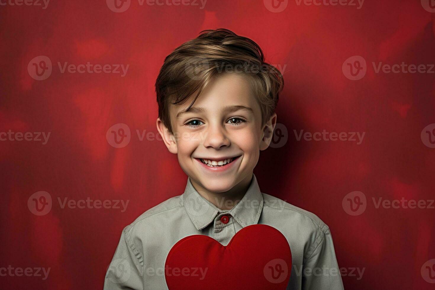 AI generated Happy little boy with red hearts on Valentine's Day. photo