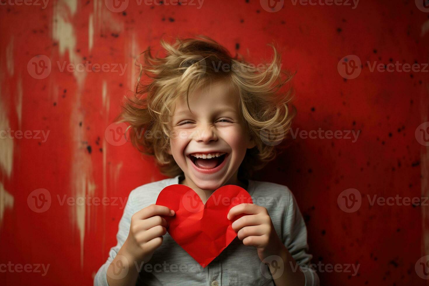 AI generated Happy little boy with red hearts on Valentine's Day. photo