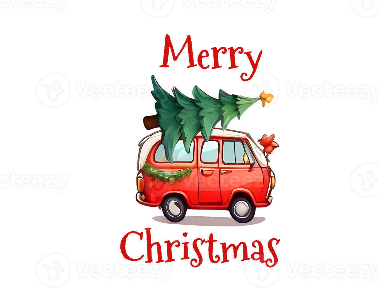 AI generated Red car pick up pine tree with Merry christmas conept. png