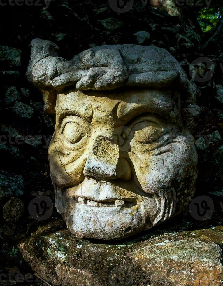 a stone head with a face on it in the woods photo