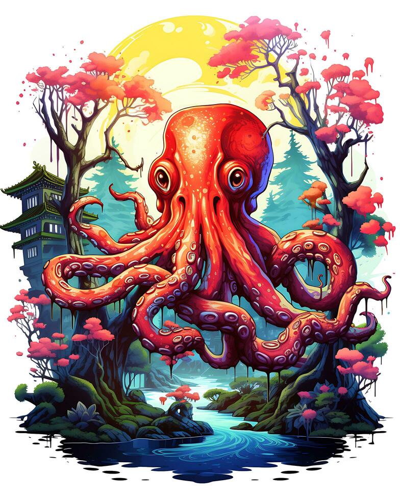 AI generated View of mesmerizing colorful octopus designs in a forest photo