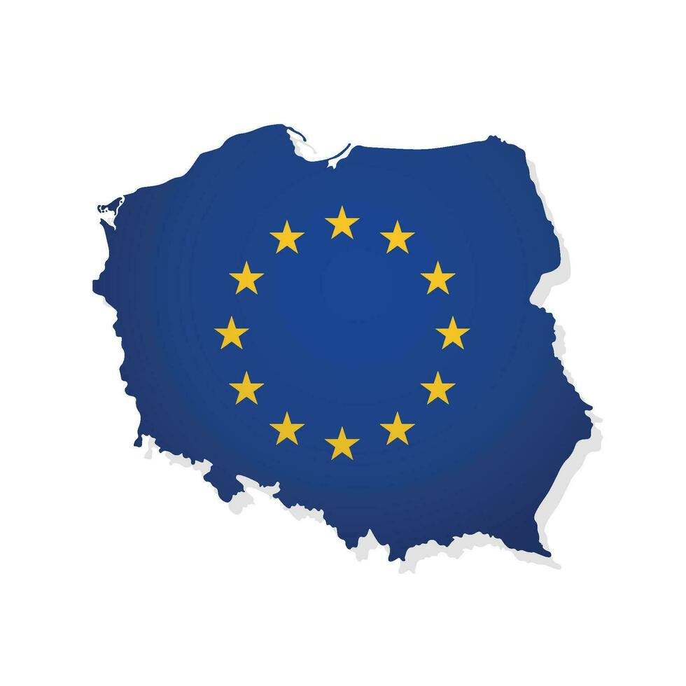 Vector illustration with isolated map of member of European Union - Poland. Polish concept decorated by the EU flag with gold stars on blue background. Modern design