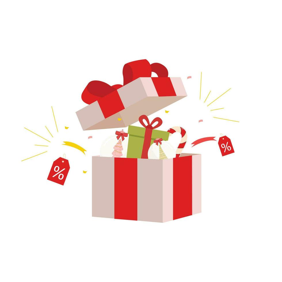 christmas white gift box red ribbon. xmas surprise present with discount voucher and christmas elements vector
