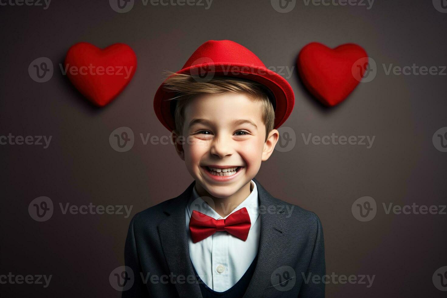 AI generated Happy little boy with red hearts on Valentine's Day. photo