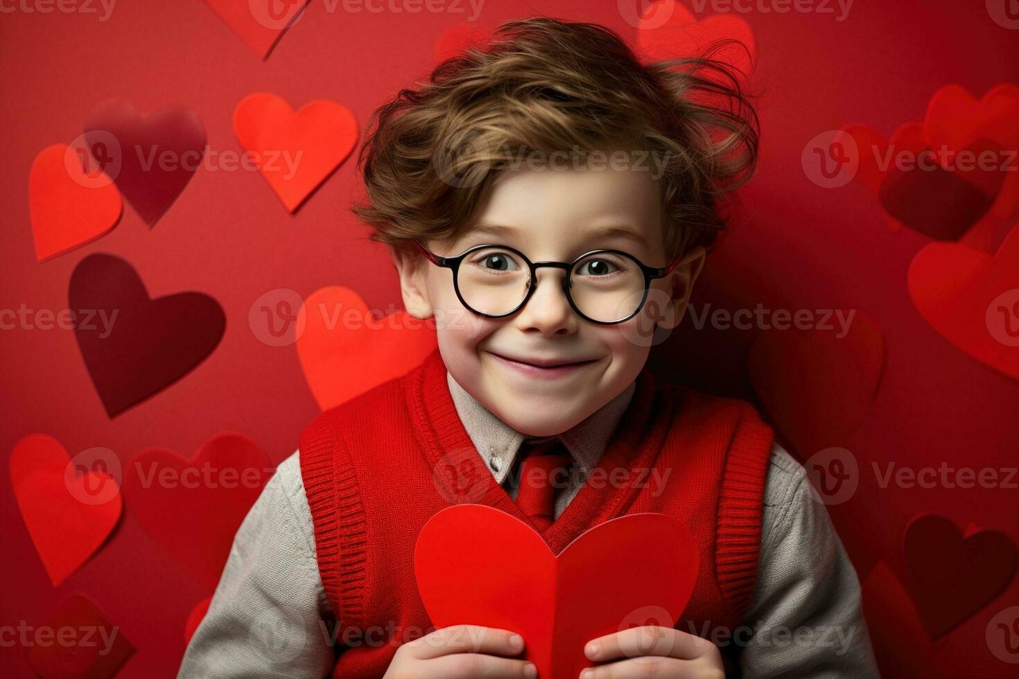AI generated Happy little boy with red hearts on Valentine's Day. photo