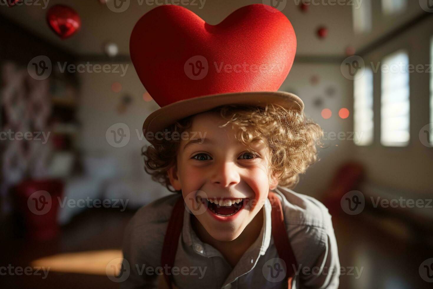AI generated Happy little boy with red hearts on Valentine's Day. photo