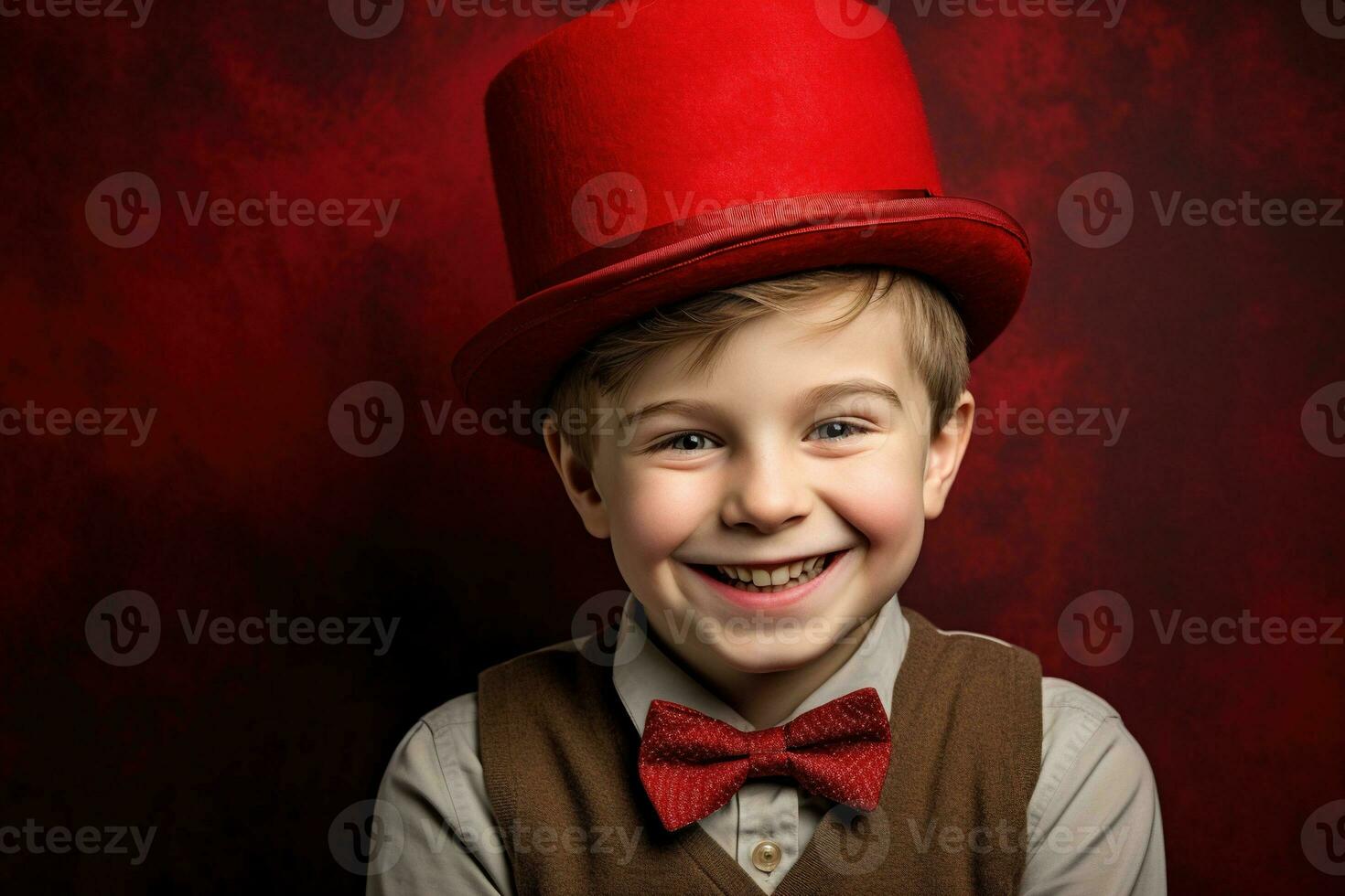 ai generado contento pequeño chico con rojo corazones en San Valentín día. foto