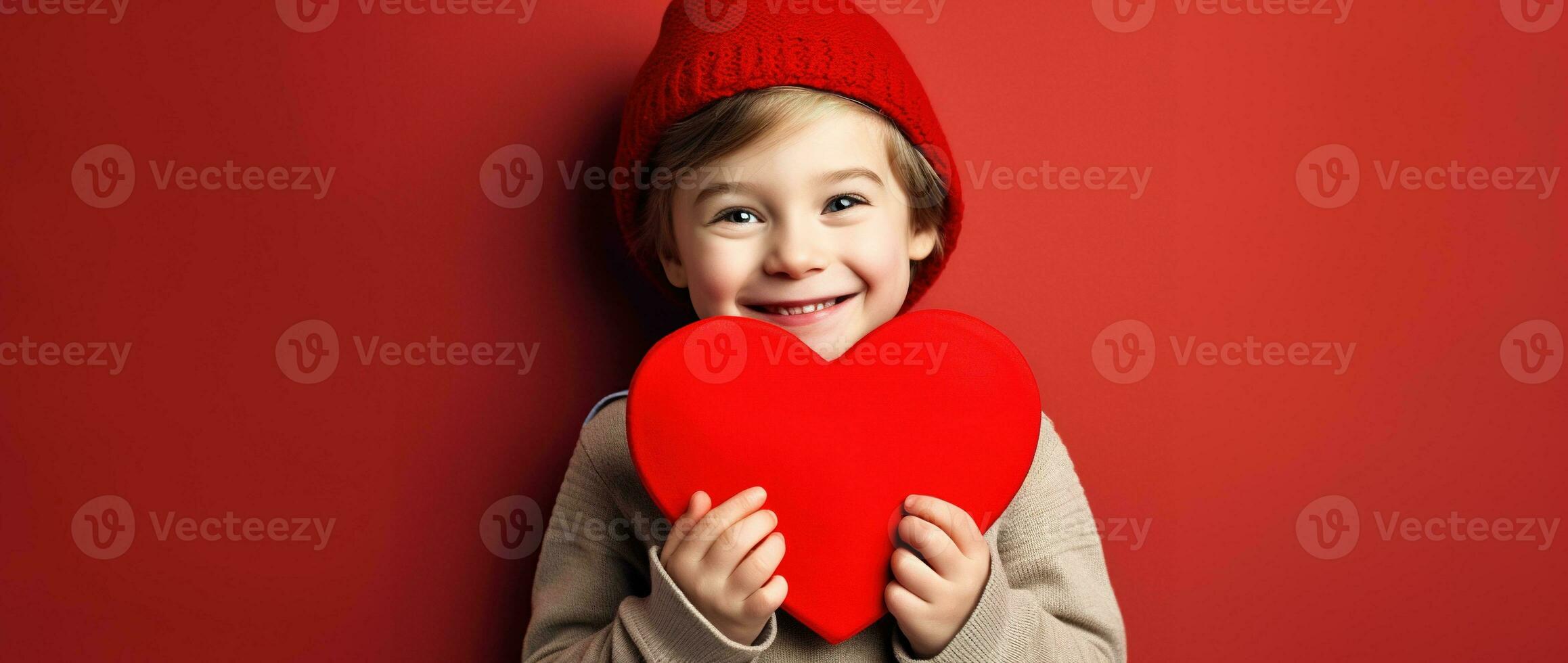 ai generado contento pequeño chico con rojo corazones en San Valentín día. foto