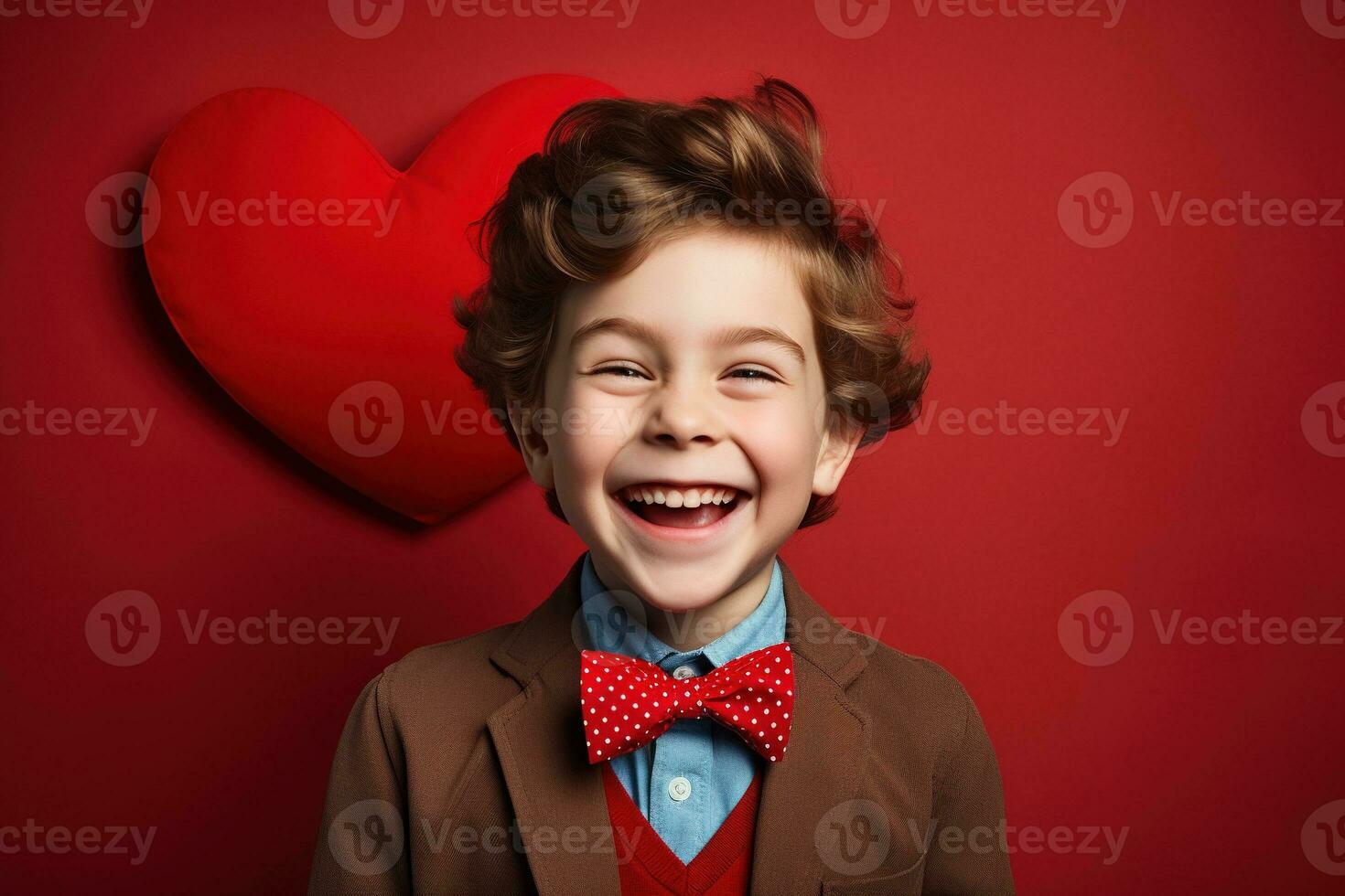 AI generated Happy little boy with red hearts on Valentine's Day. photo