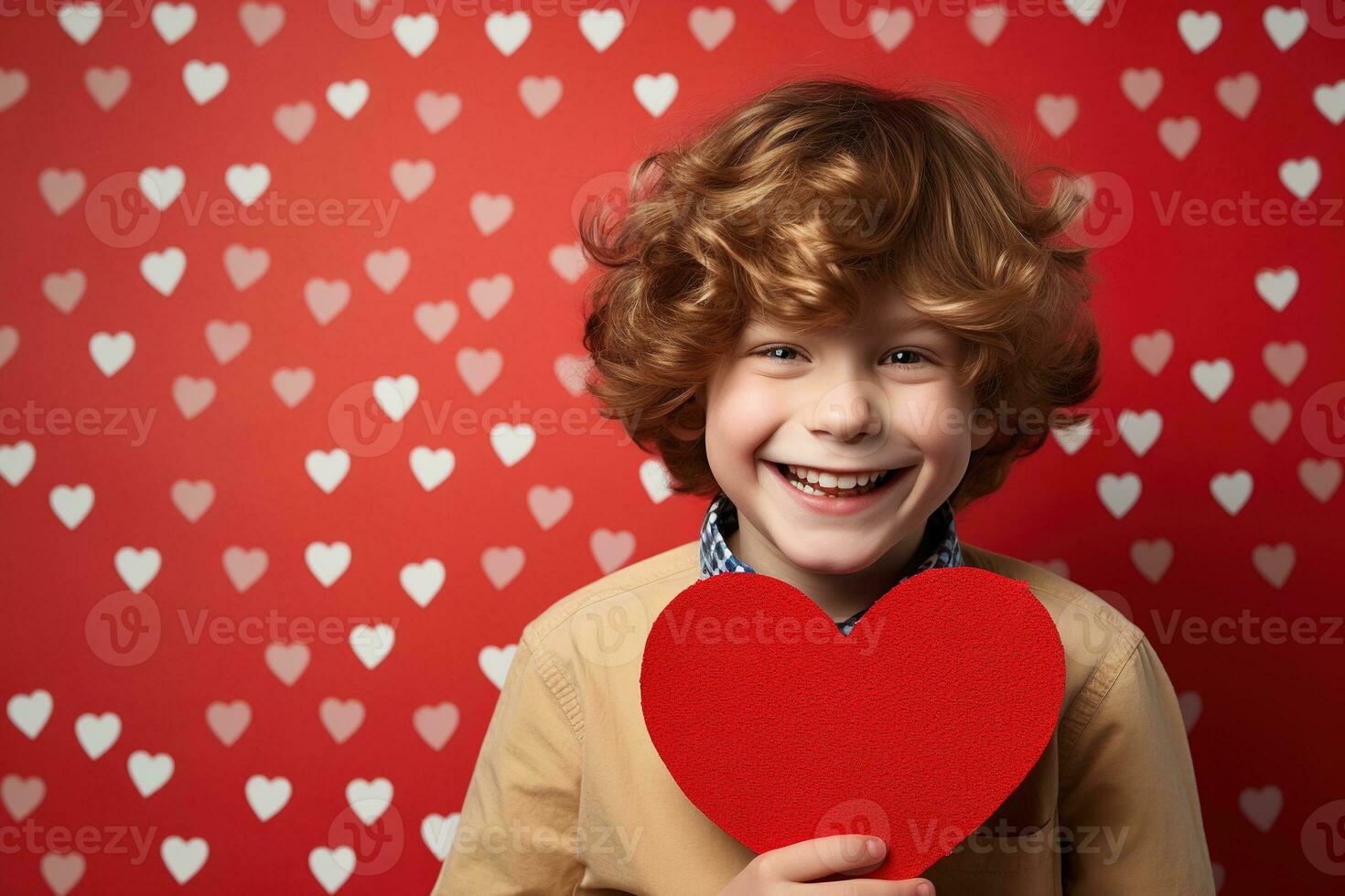 AI generated Happy little boy with red hearts on Valentine's Day. photo