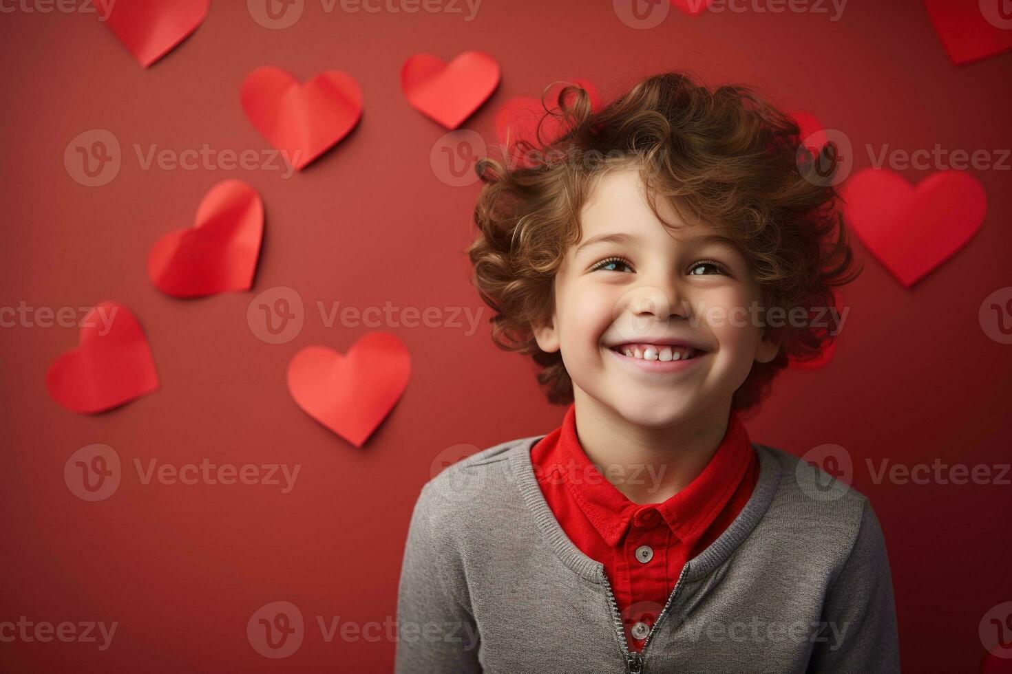 AI generated Happy little boy with red hearts on Valentine's Day. photo