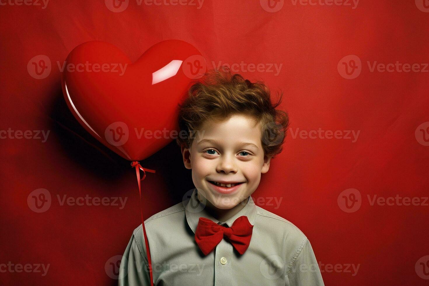 AI generated Happy little boy with red hearts on Valentine's Day. photo