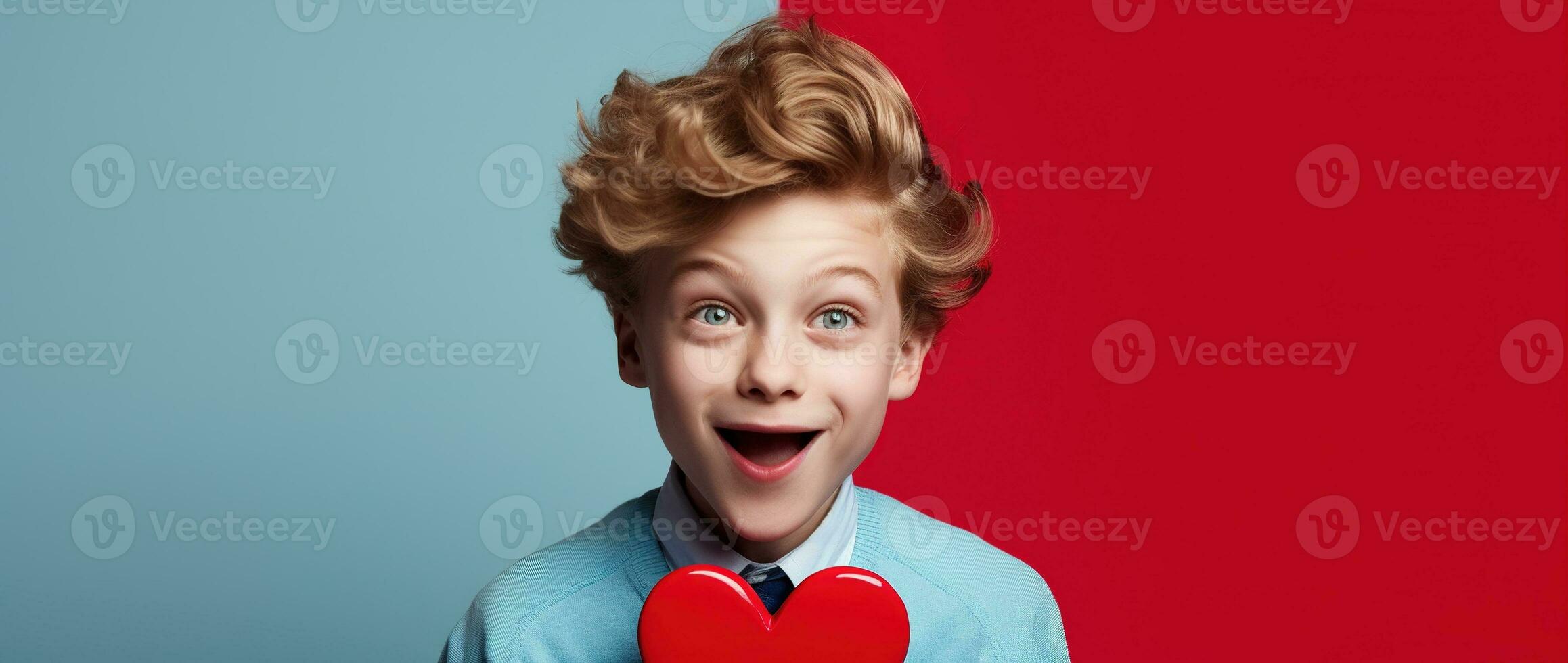 AI generated Happy little boy with red hearts on Valentine's Day. photo