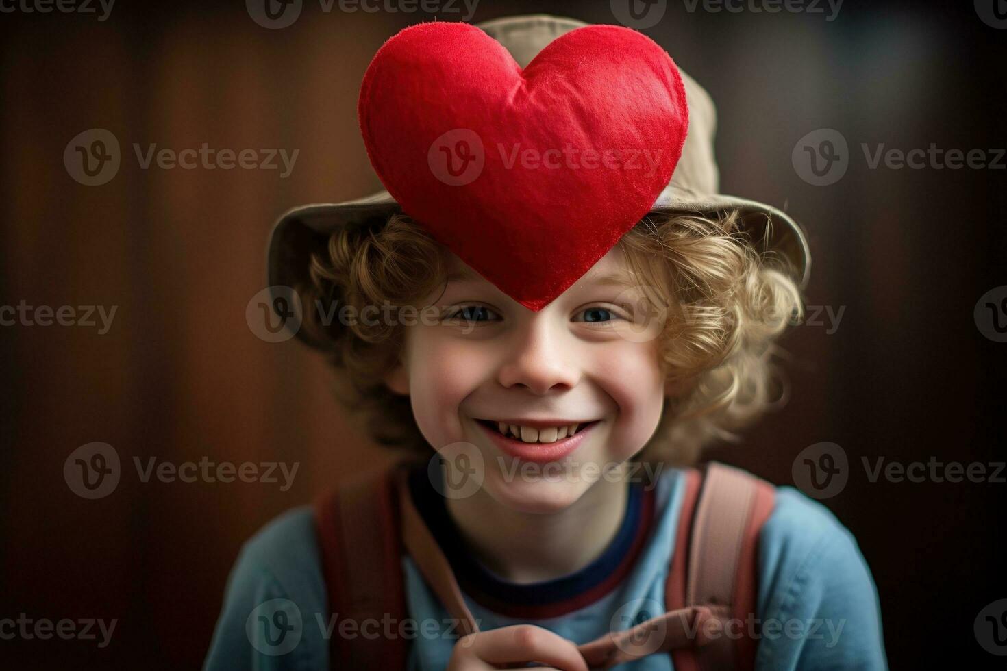 ai generado contento pequeño chico con rojo corazones en San Valentín día. foto