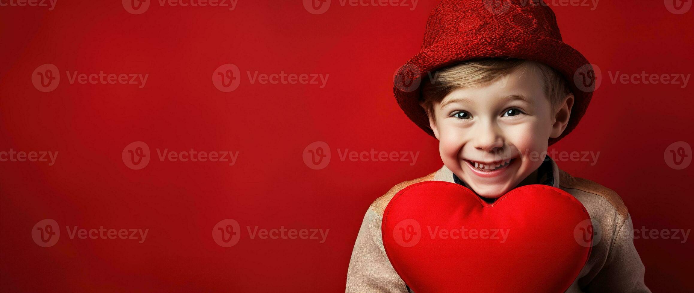 AI generated Happy little boy with red hearts on Valentine's Day. photo