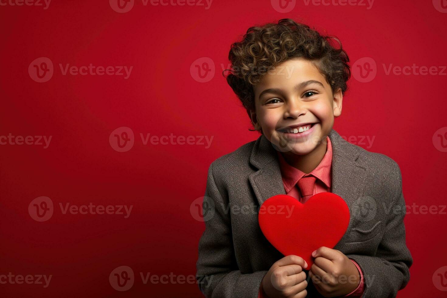 AI generated Happy little boy with red hearts on Valentine's Day. photo