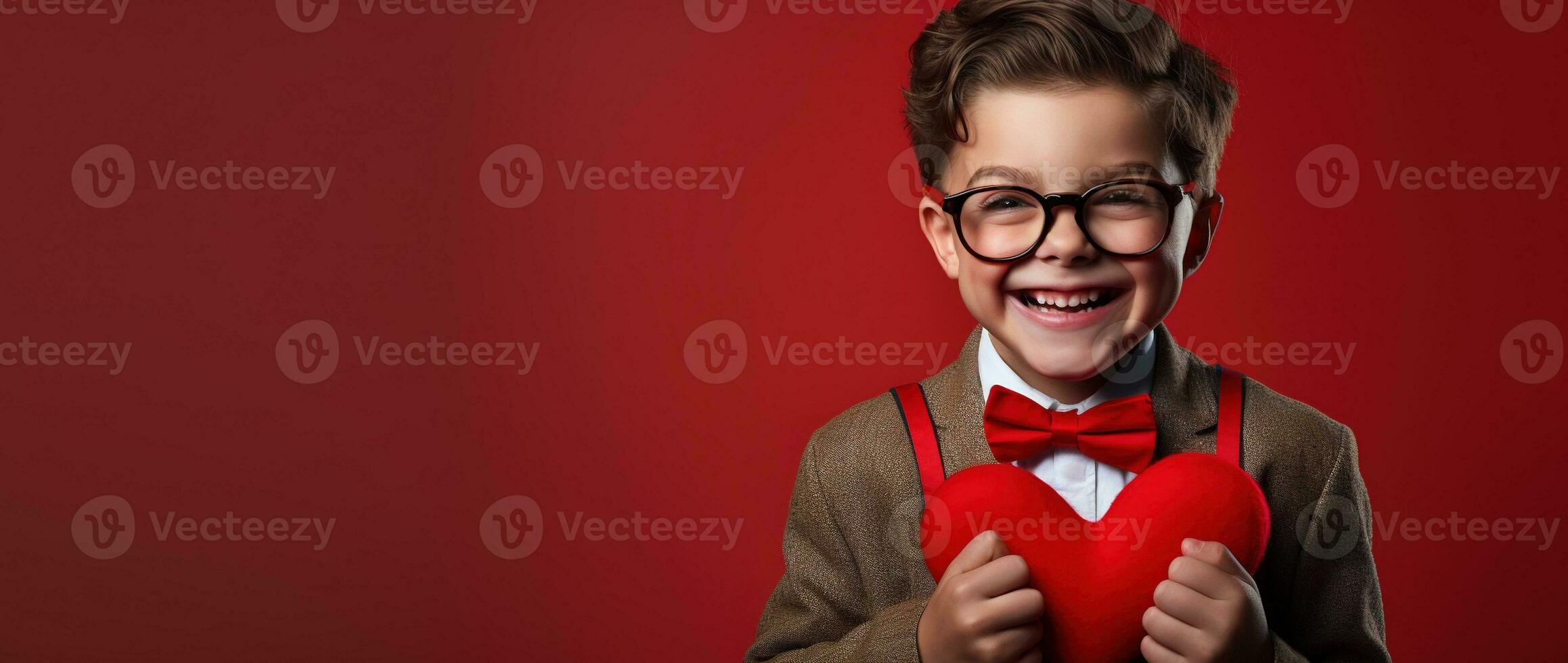 AI generated Happy little boy with red hearts on Valentine's Day. photo