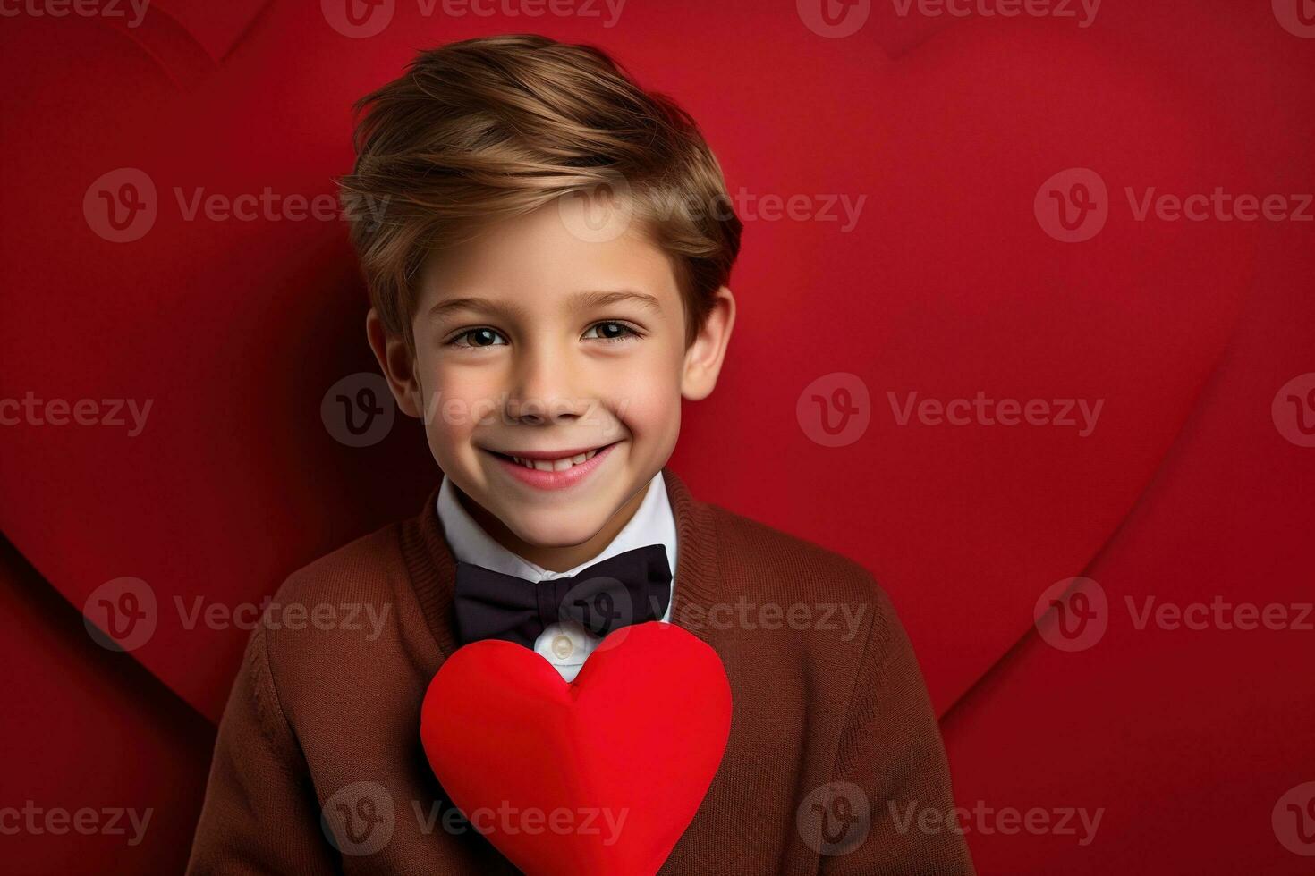 AI generated Happy little boy with red hearts on Valentine's Day. photo