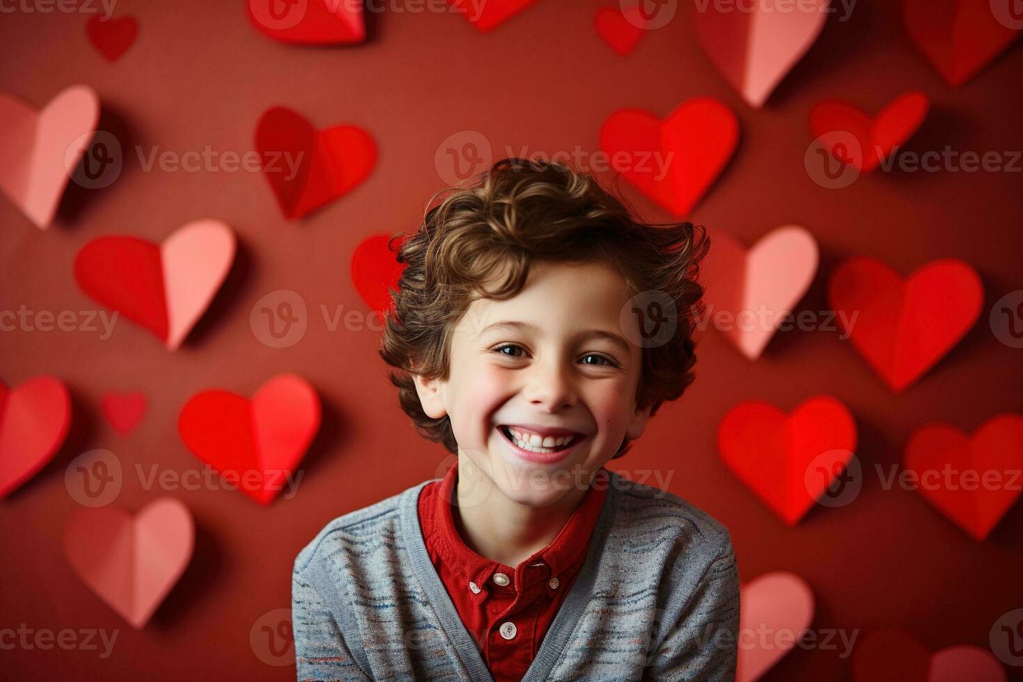AI generated Happy little boy with red hearts on Valentine's Day. photo