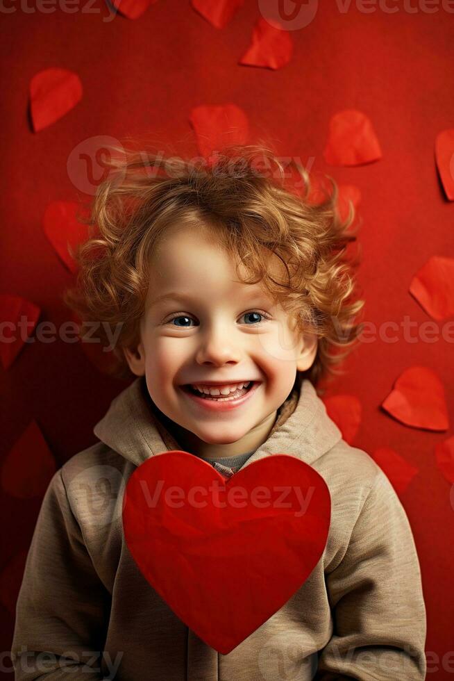 AI generated Happy little boy with red hearts on Valentine's Day. photo