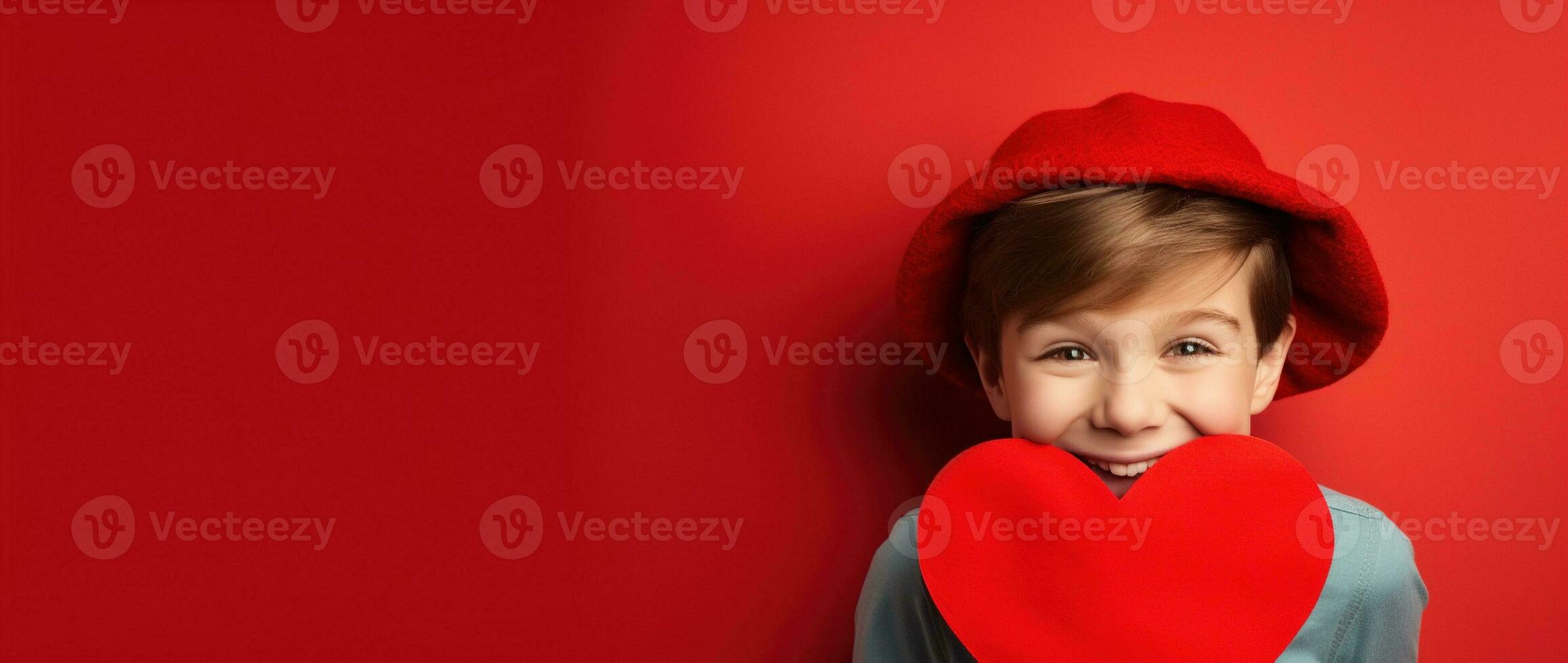 AI generated Happy little boy with red hearts on Valentine's Day. photo