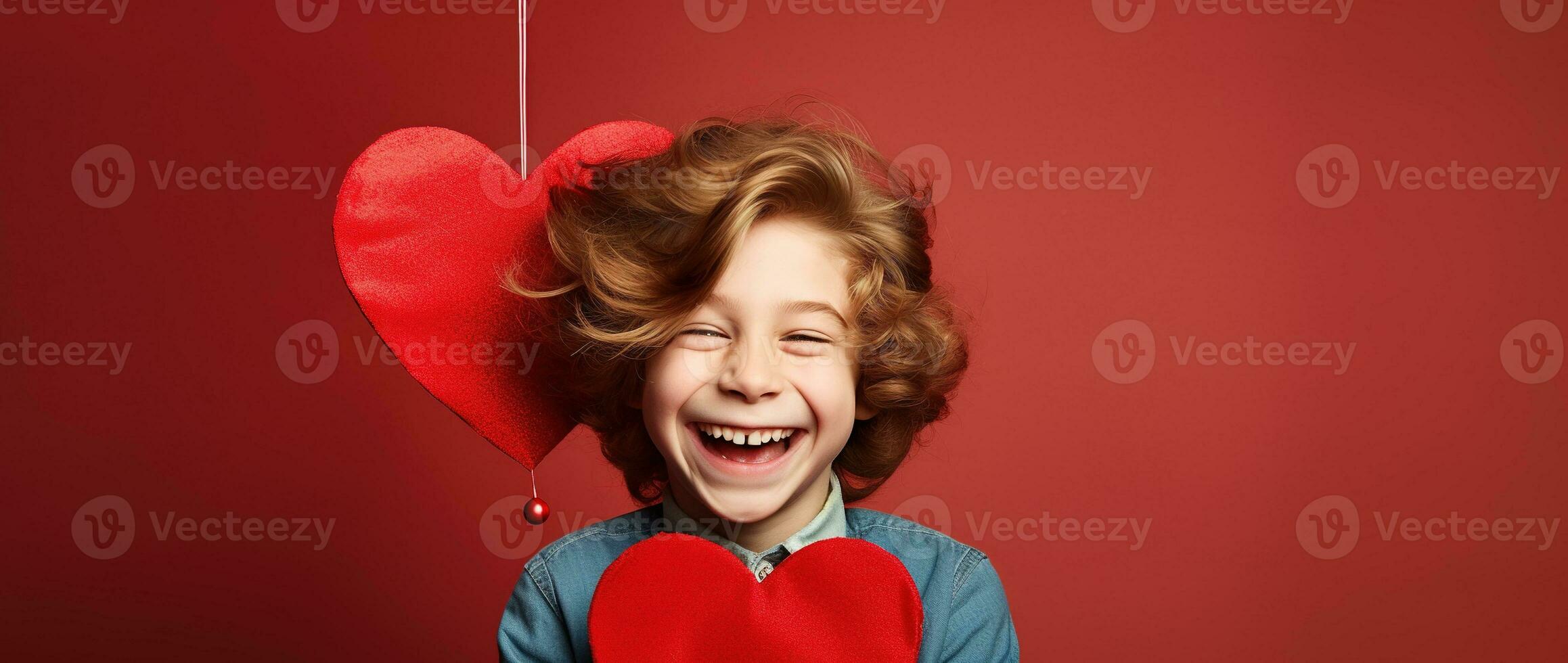 AI generated Happy little boy with red hearts on Valentine's Day. photo