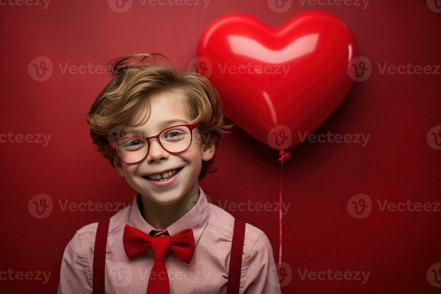 AI generated Happy little boy with red hearts on Valentine's Day. photo