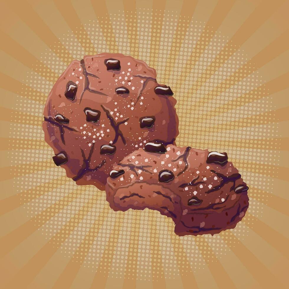 Delicious cookies with chocolate chips. Vector illustration in cartoon style.Vector layout for print, postcard, poster, banner.