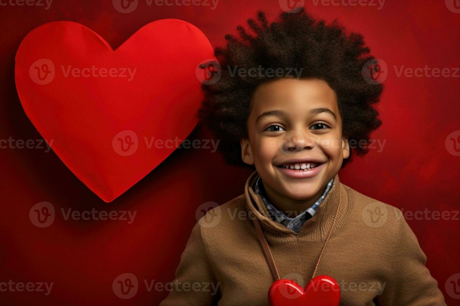 AI generated Happy little boy with red hearts on Valentine's Day. photo