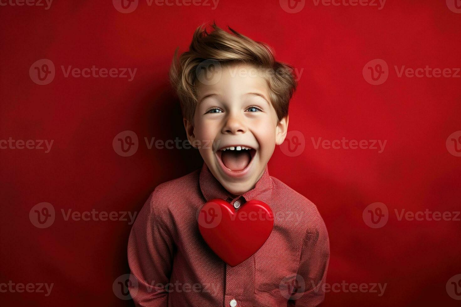 AI generated Happy little boy with red hearts on Valentine's Day. photo