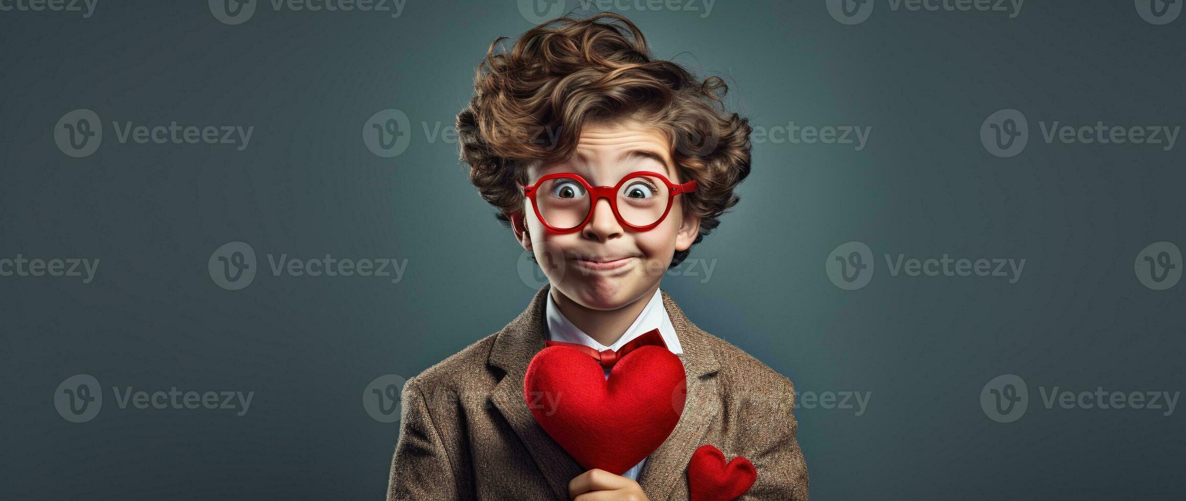 AI generated Happy little boy with red hearts on Valentine's Day. photo