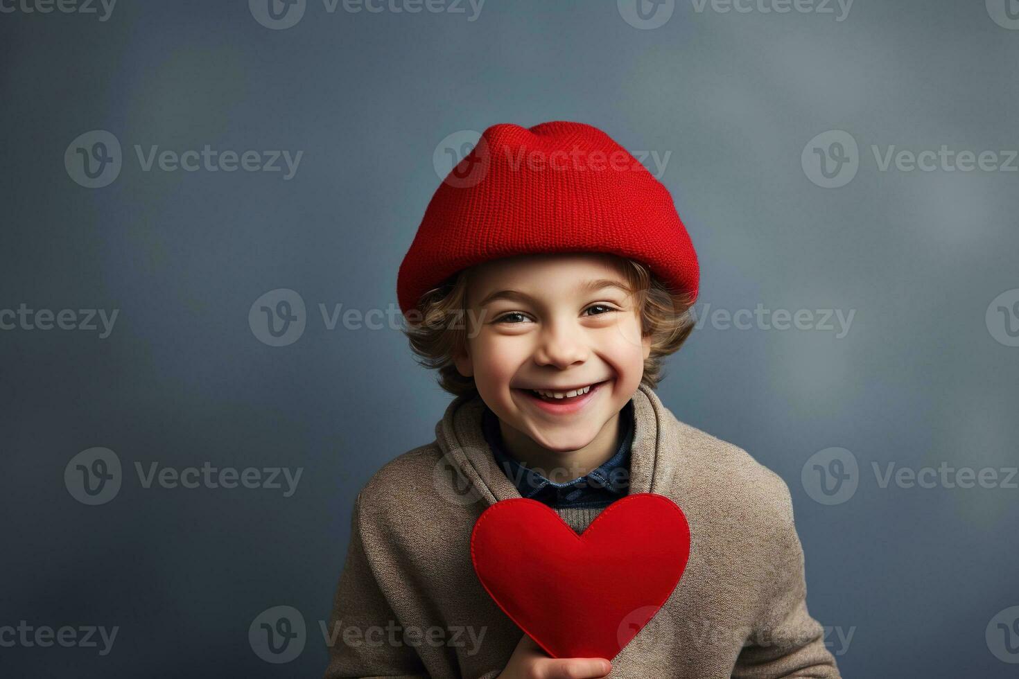 AI generated Happy little boy with red hearts on Valentine's Day. photo