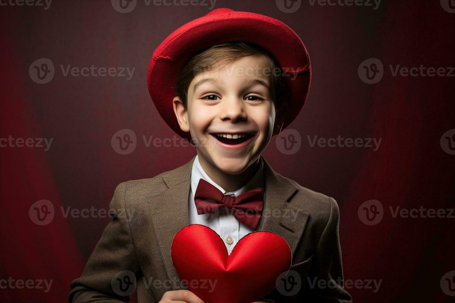 AI generated Happy little boy with red hearts on Valentine's Day. photo