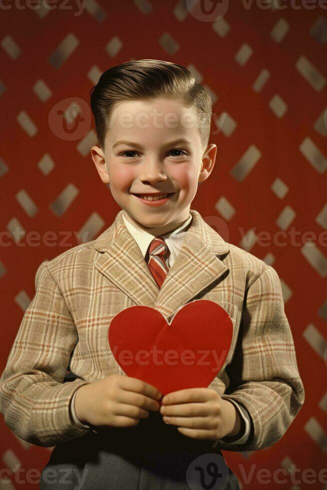 ai generado contento pequeño chico con rojo corazones en San Valentín día. foto