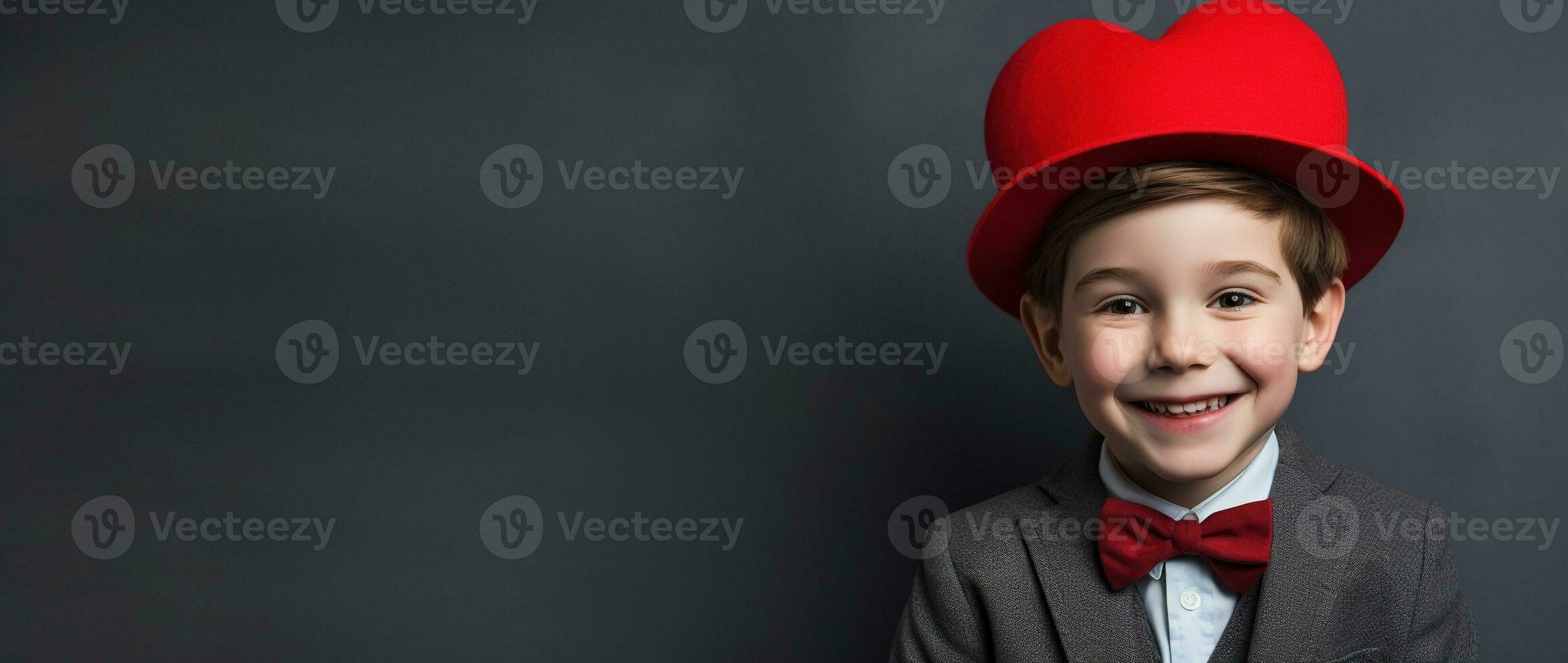 AI generated Happy little boy with red hearts on Valentine's Day. photo