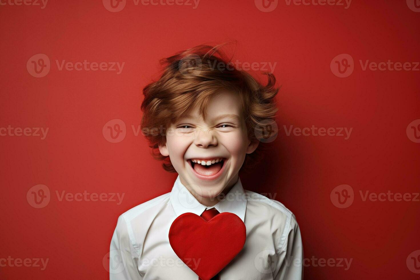 AI generated Happy little boy with red hearts on Valentine's Day. photo