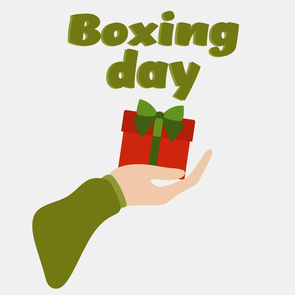 Hand holding a gift box. Flat design banner with Text Boxing Day. Usage for Postcard, web site, headers, blog posts, print. December 26 Celebration Poster, Advertisement. Gifts giving design concept vector