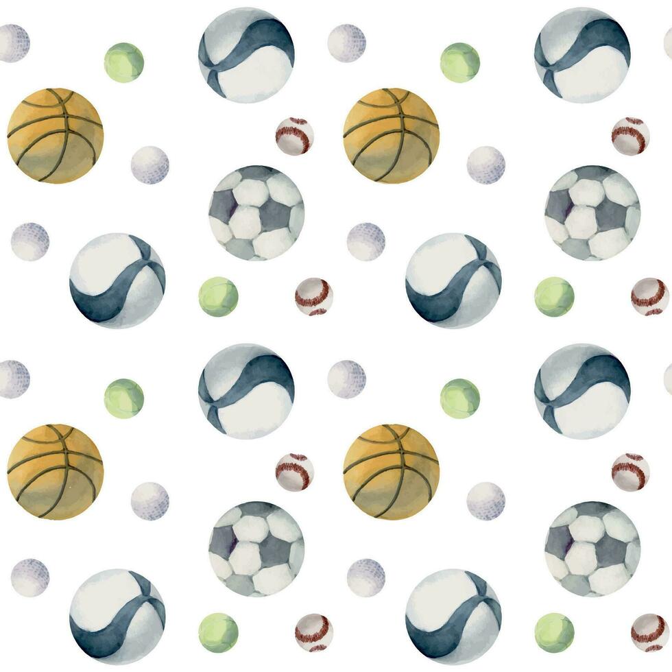 Hand drawn watercolor team sports gear equipment, balls mix, training, health fitness lifestyle. Illustration isolated seamless pattern white background. Design poster, print, website, card, shop vector