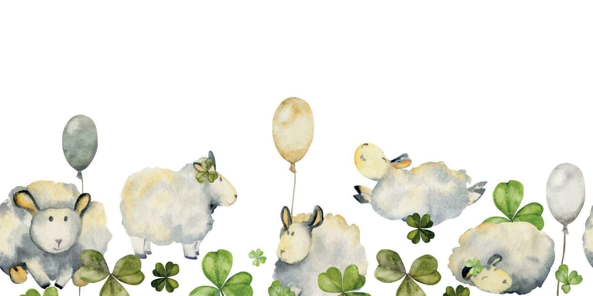 Watercolor hand drawn illustration, cute plush baby sheep with balloons, lucky green four-leaf clover field. Seamless border Isolated on white background. Kids, children bedroom, fabric, linens print vector