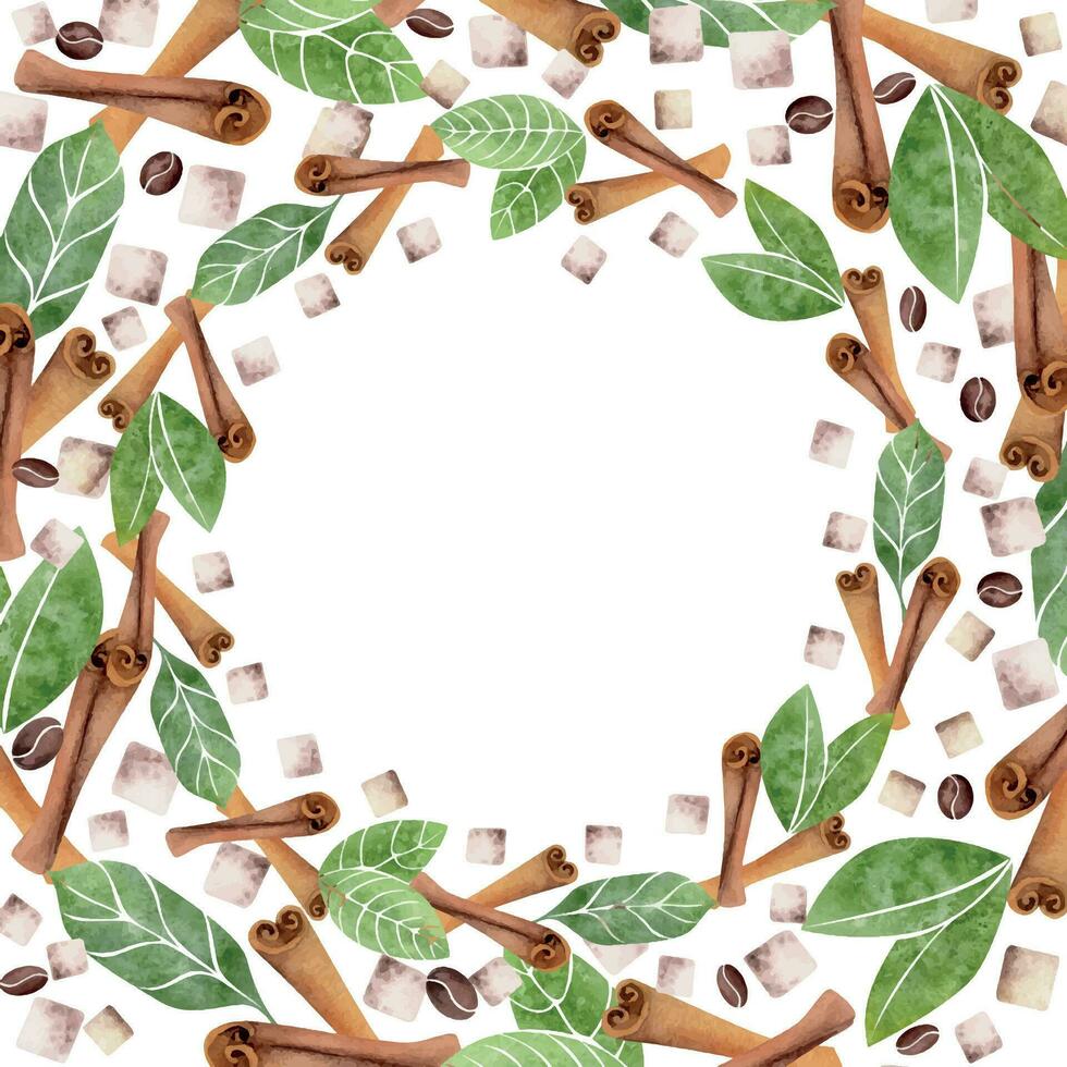 Watercolor hand drawn circle frame wreath with coffee leaves, beans, sugar cubes, cinnamon stick spice. Isolated on white background. For invitations, cafe, restaurant food menu, print, website, cards vector