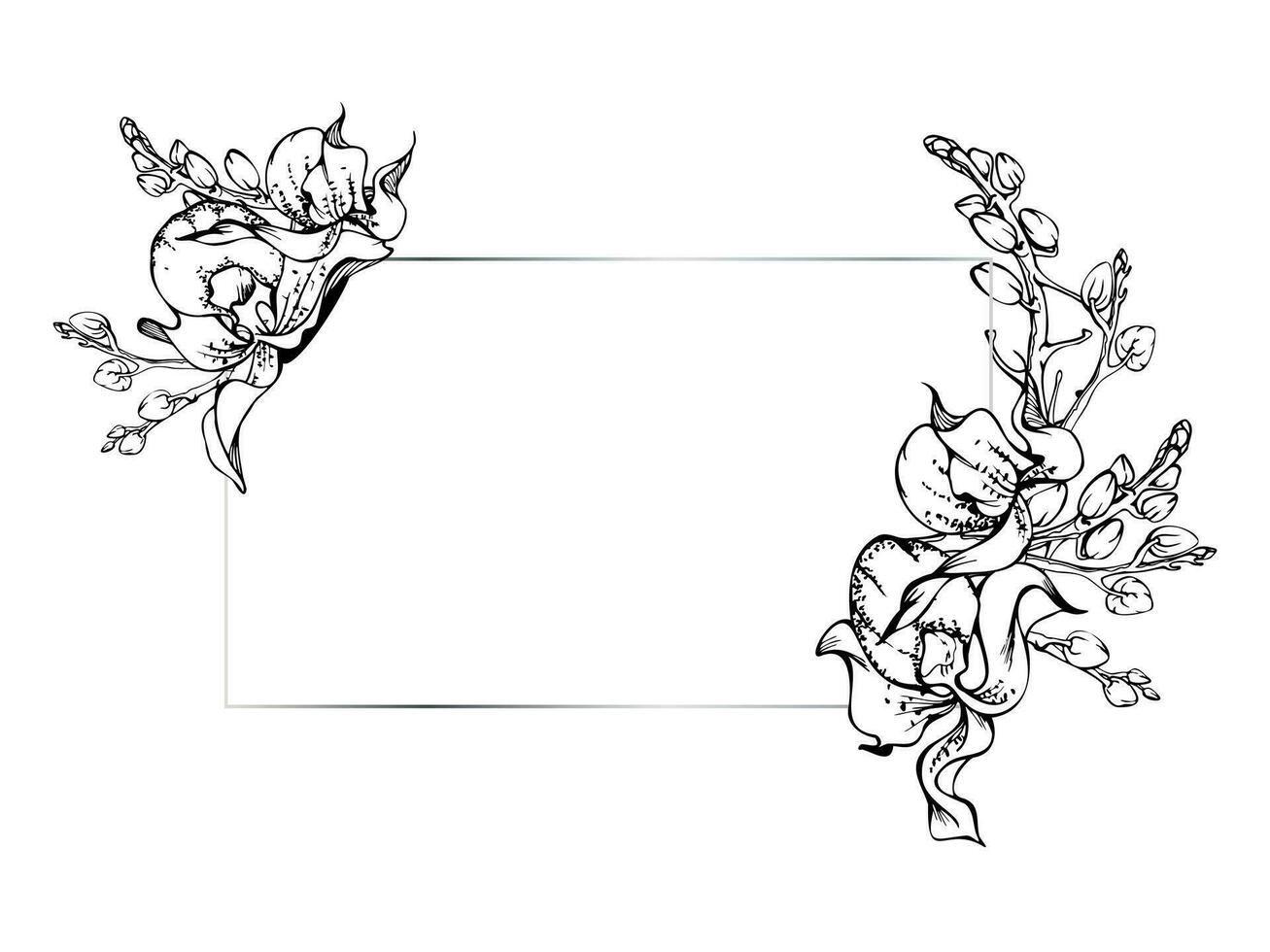 Hand drawn vector ink orchid flowers and branches, monochrome, detailed outline. Horizontal frame composition. Isolated on white background. Design for wall art, wedding, print, tattoo, cover, card.
