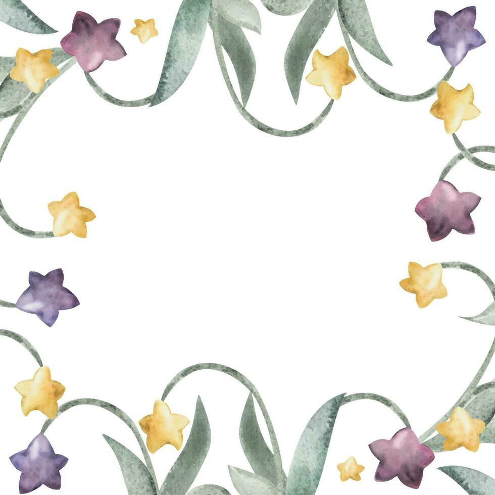 Watercolor hand drawn illustration, magical star flowers with textured effect. Border corner frame Isolated on white background. For kids, children bedroom, fabric, linens print, invitation, card art vector